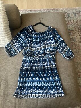AB Studio Navy and White Patterned Off-Shoulder Midi Dress